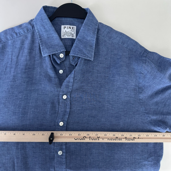 Thomas Pink Shirt Mens 17 1/2 Blue Linen Dress Button Up Long Sleeve 44 1/2 - Picture 9 of 10